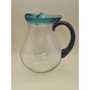 Vintage Blown Art Glass Water Sangria Pitcher Turquoise Rim Dark Blue Handle